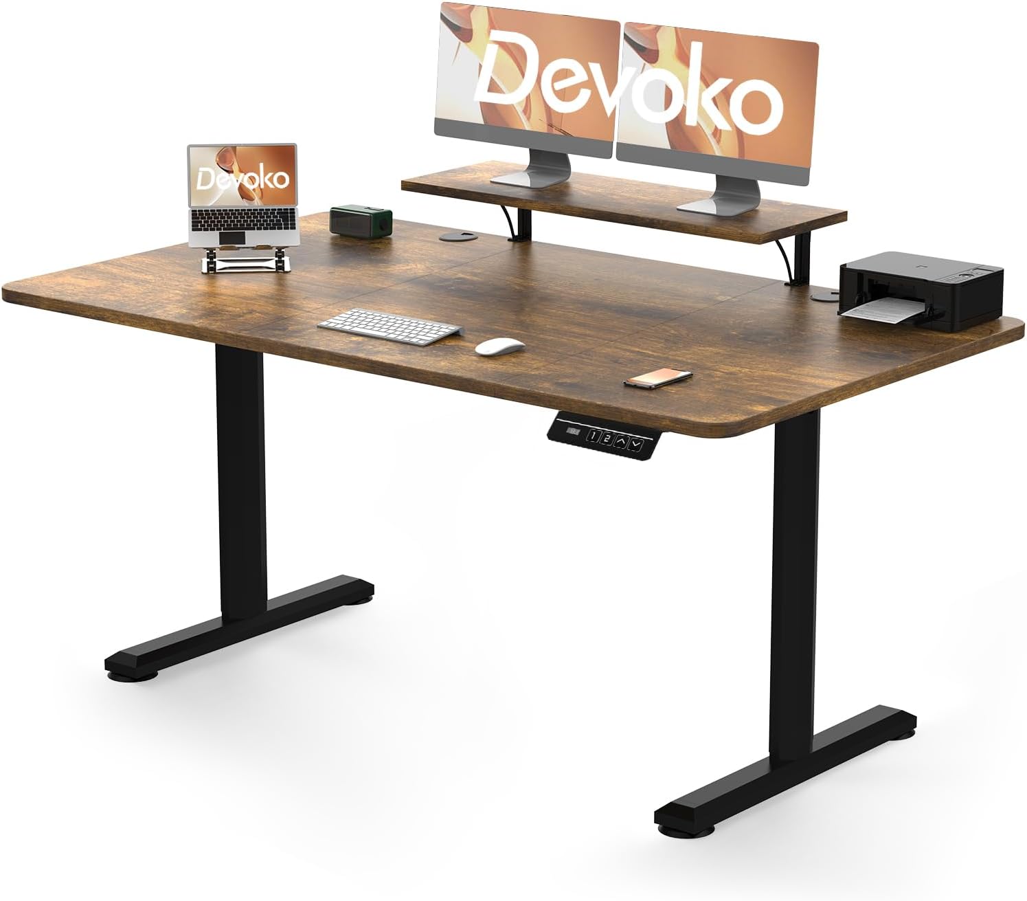 Devoko Electric Standing Desk with Monitor Stand Rustic Brown